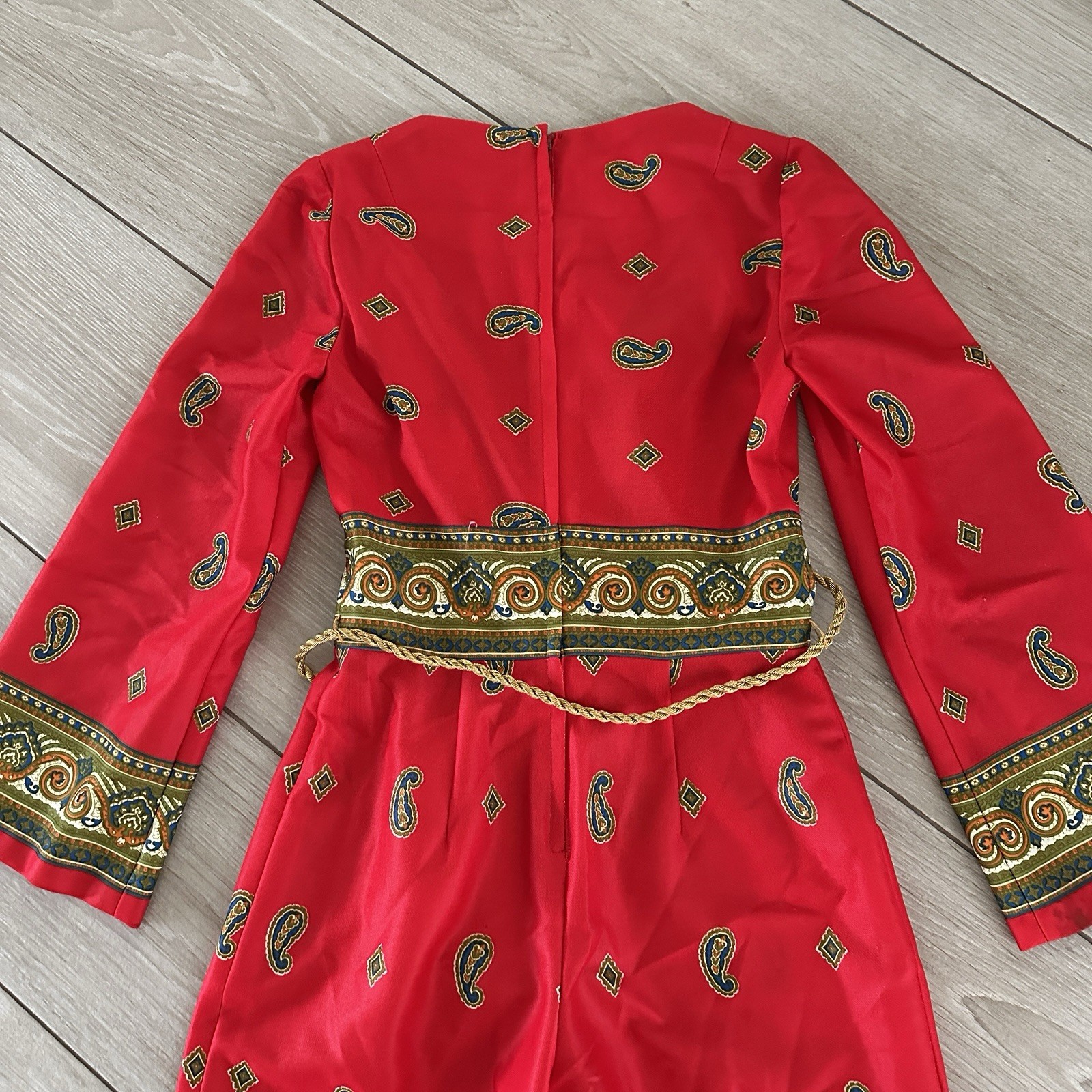 Vintage Mel Warshaw Miss Jane Miami Red Paisley Wide Leg Jumpsuit Gold Rope Belt