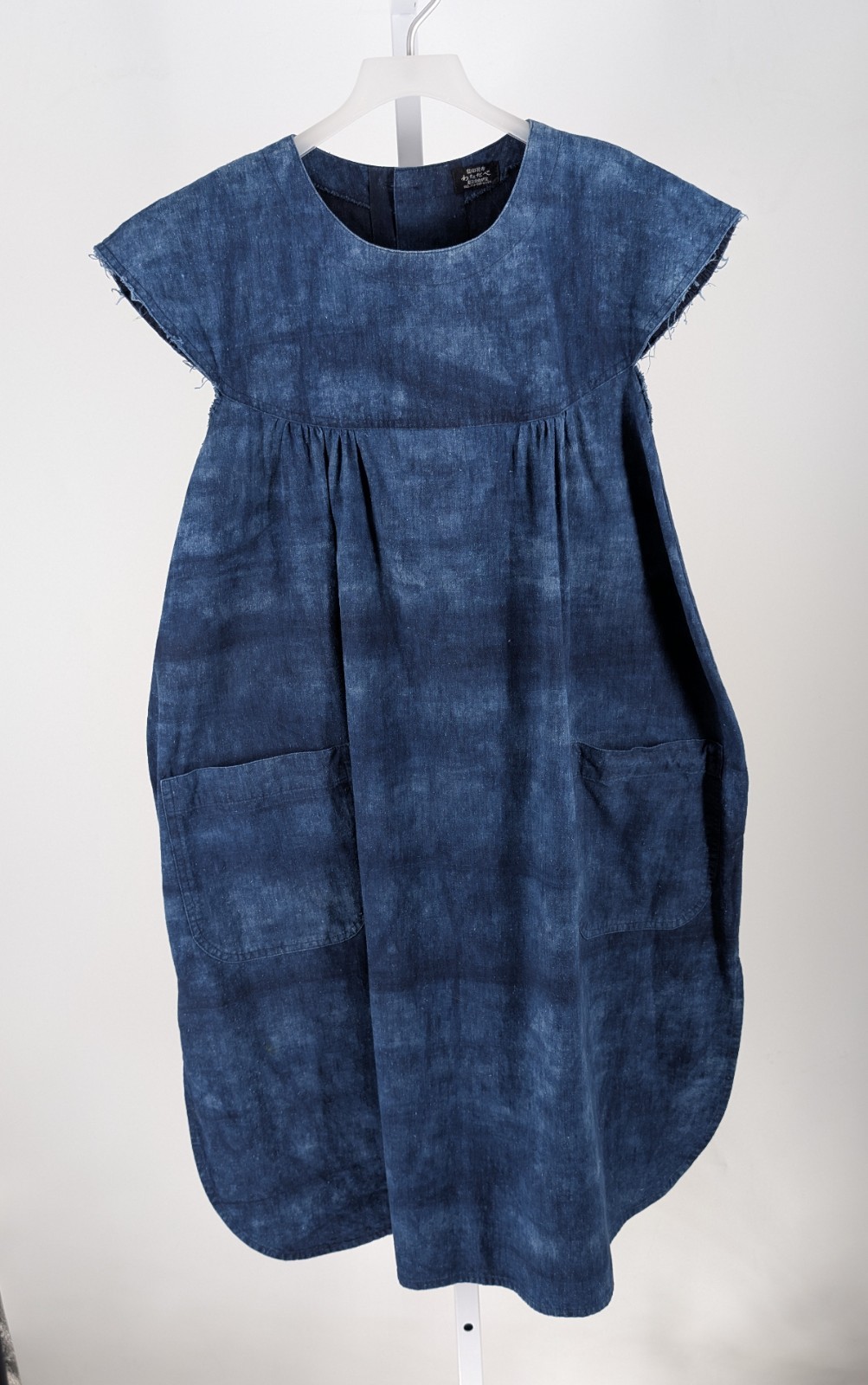 1990s Vintage Watanabe Jiyugaoka Indigo Cotton Smock Dress Japan Boro Raw Hem