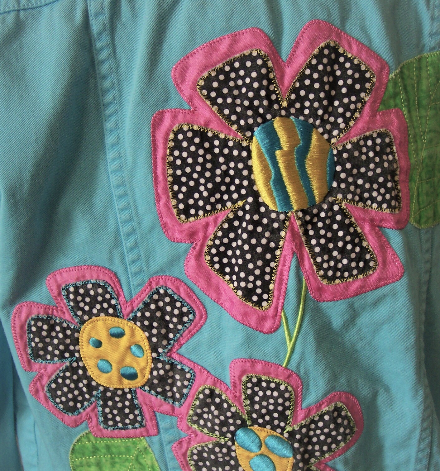 vintage turquoise aqua denim appliqued embroidered jean jacket mod hippy lg 80s