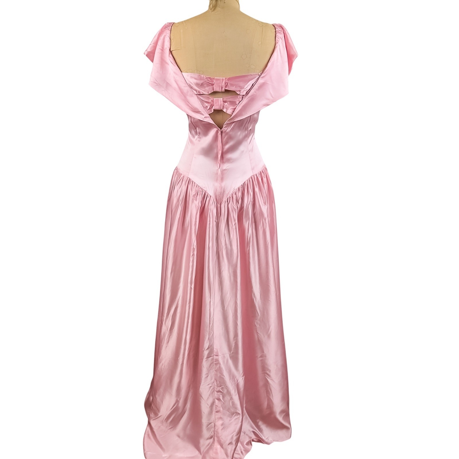 Vintage 80s Satin Pink Formal Ball Gown Princess Bow Hi Low Prom Party Dress