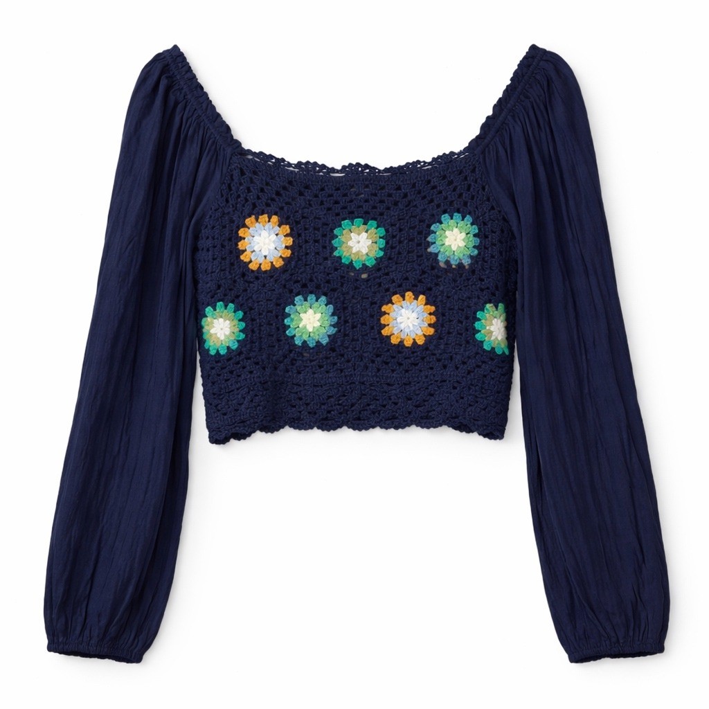 Aerie Crochet Granny Square Crop Top Navy Blue Balloon Sleeve Small Boho NWT