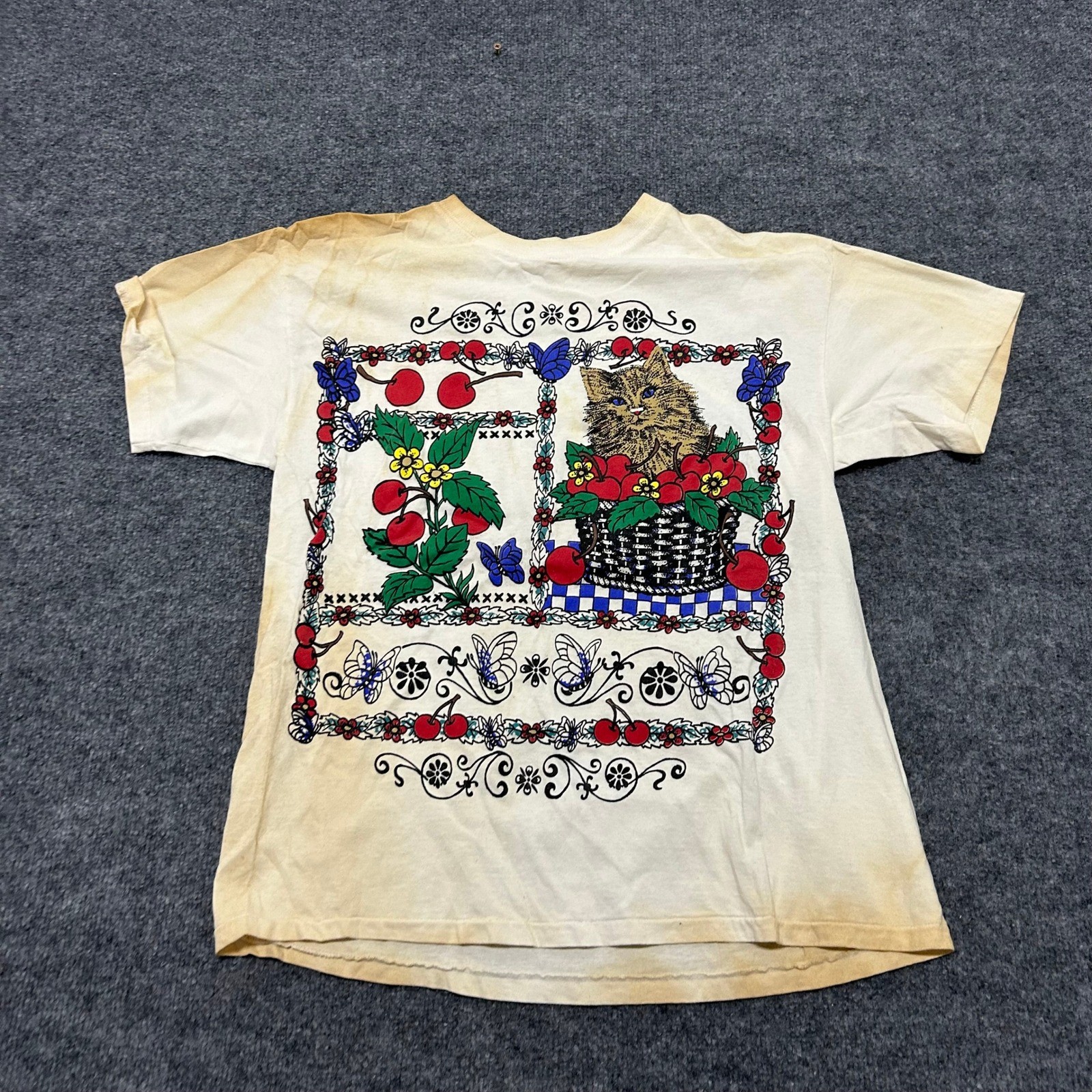Unbranded T-Shirt Womens Size M Vintage Cat Cherry Graphic Stained Distressed