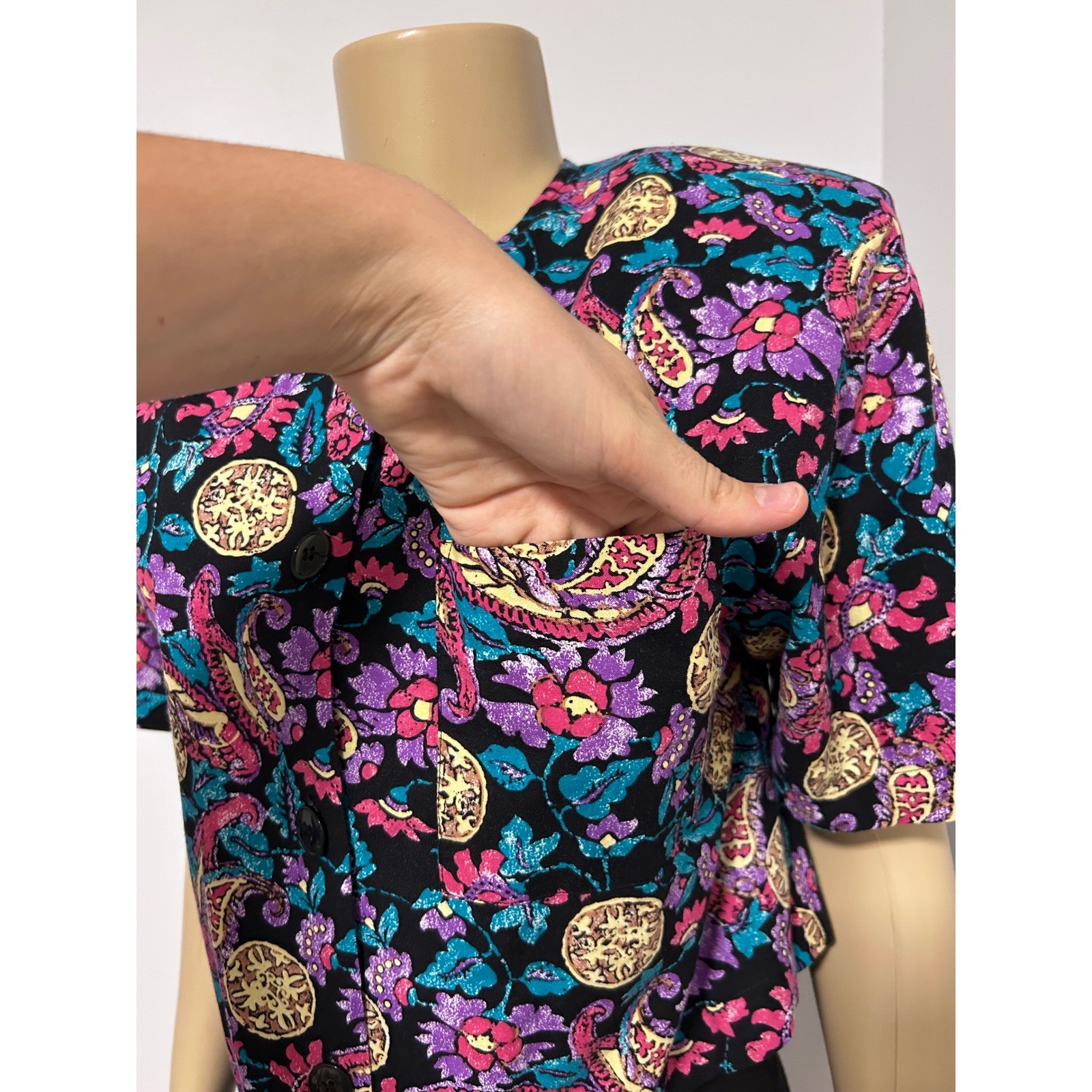 Craig Clothing Co Vintage 90s Paisley Floral Button Front Crop Top Medium Petite