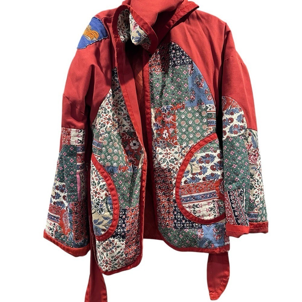 Vintage Handmade Quilted Patchwork Jacket Hooded Tie Front Cottagecore Boho