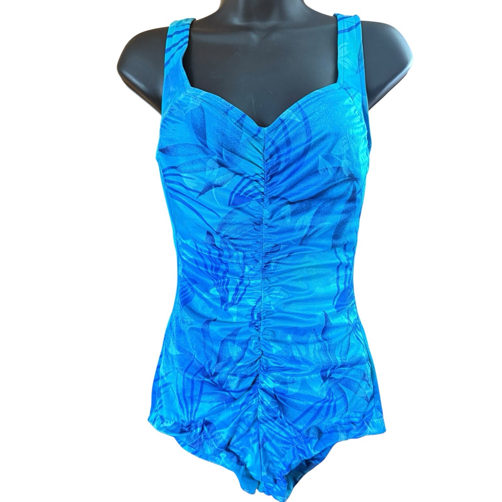 Vintage Maxine of Hollywood One Piece Swimsuit 12 Ruched Blue Palm Leaf 90s