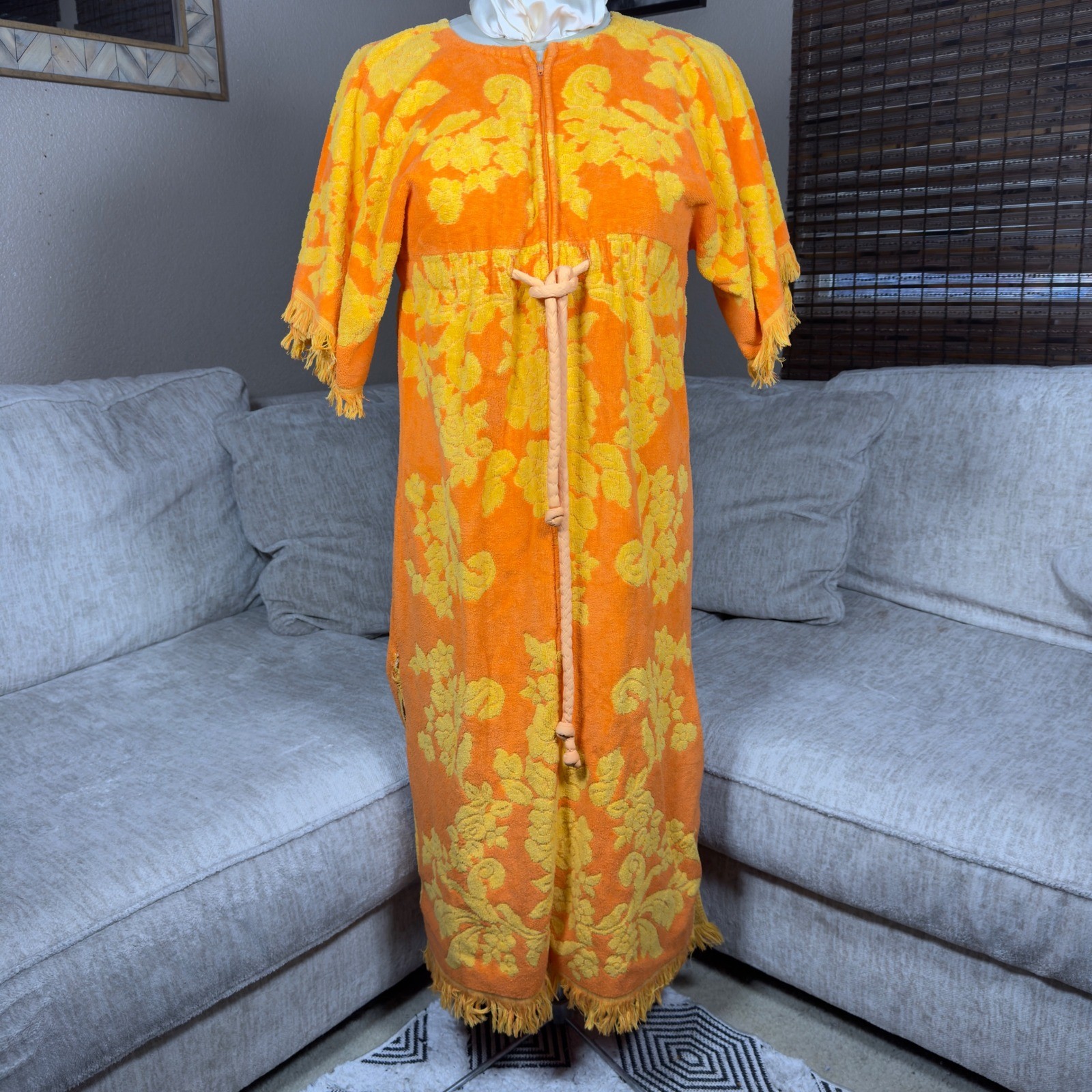 Vintage Cannon Monticello Terry Cloth Robe Orange Yellow Floral Fringe Maxi USA