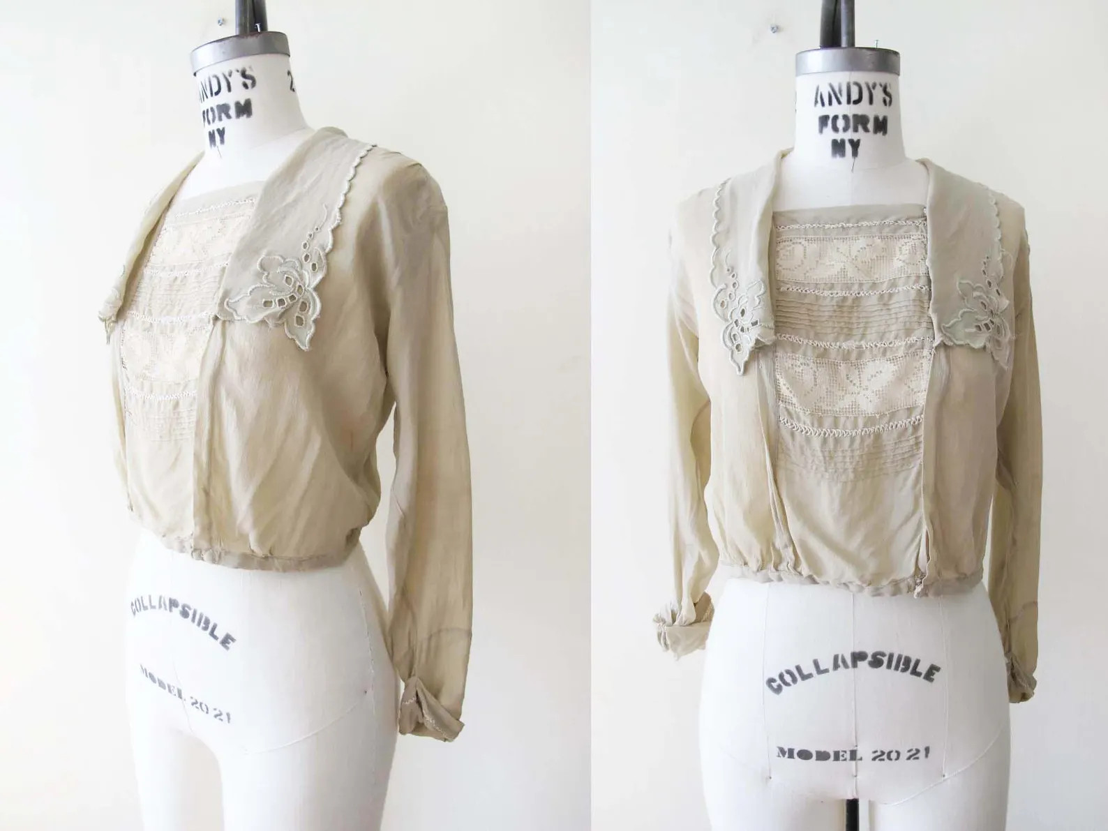 Antique Edwardian Victorian Ecru Silk Lace Blouse XS