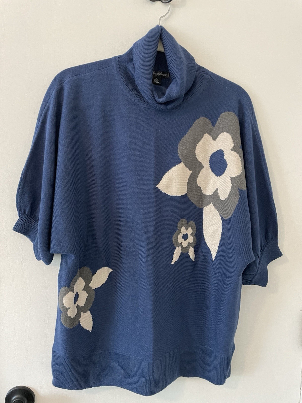 Designers Originals Vintage Blue Turtleneck Sweater Floral Intarsia Knit Large20