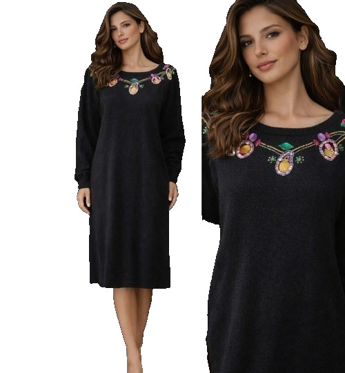 PLAIN JANE VINTAGE JEWELED SWEATER DRESS BLACK LARGE