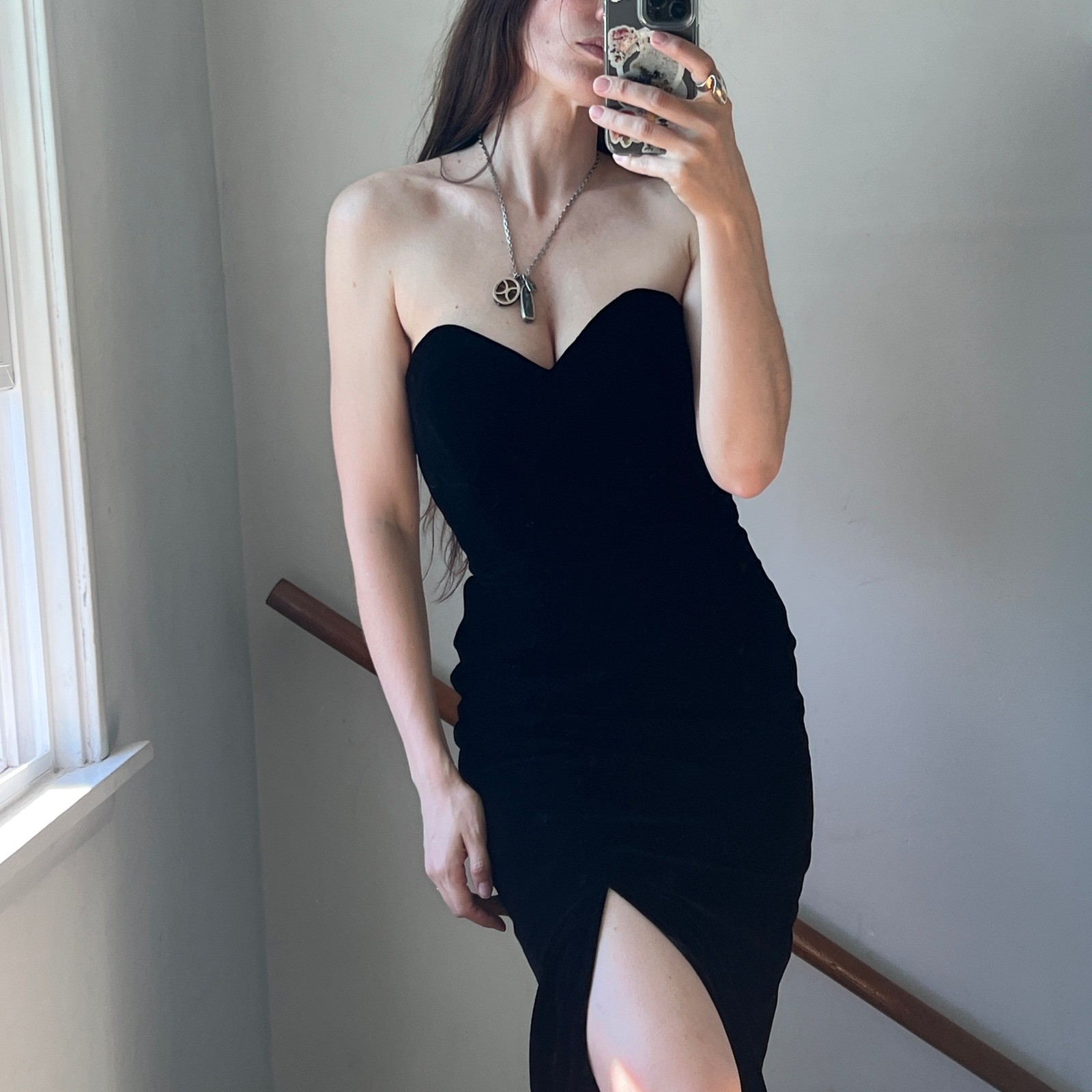 Vintage A.J. Bari Velvet Strapless Maxi Dress Black Sweetheart Slit Gown Formal