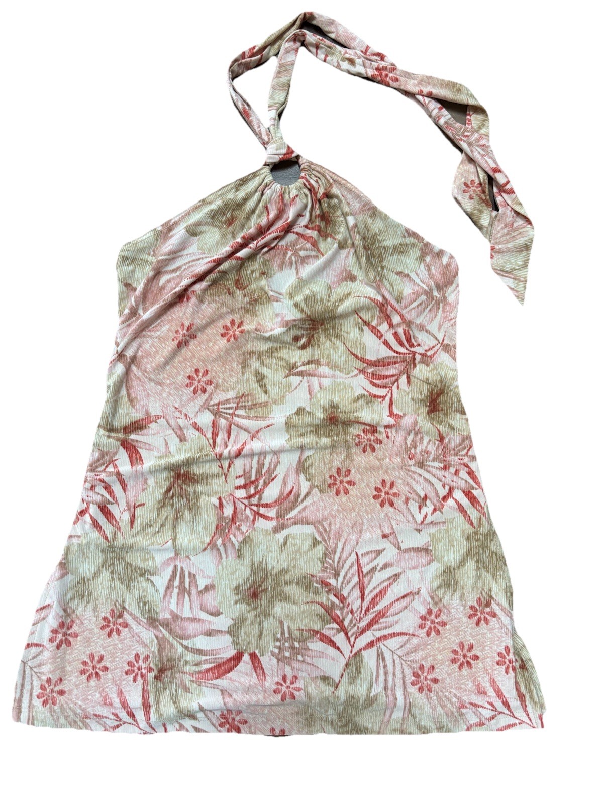 VTG Y2K Rave Tie Halter Top Sz S Tropical Floral Green Pink Soft USA