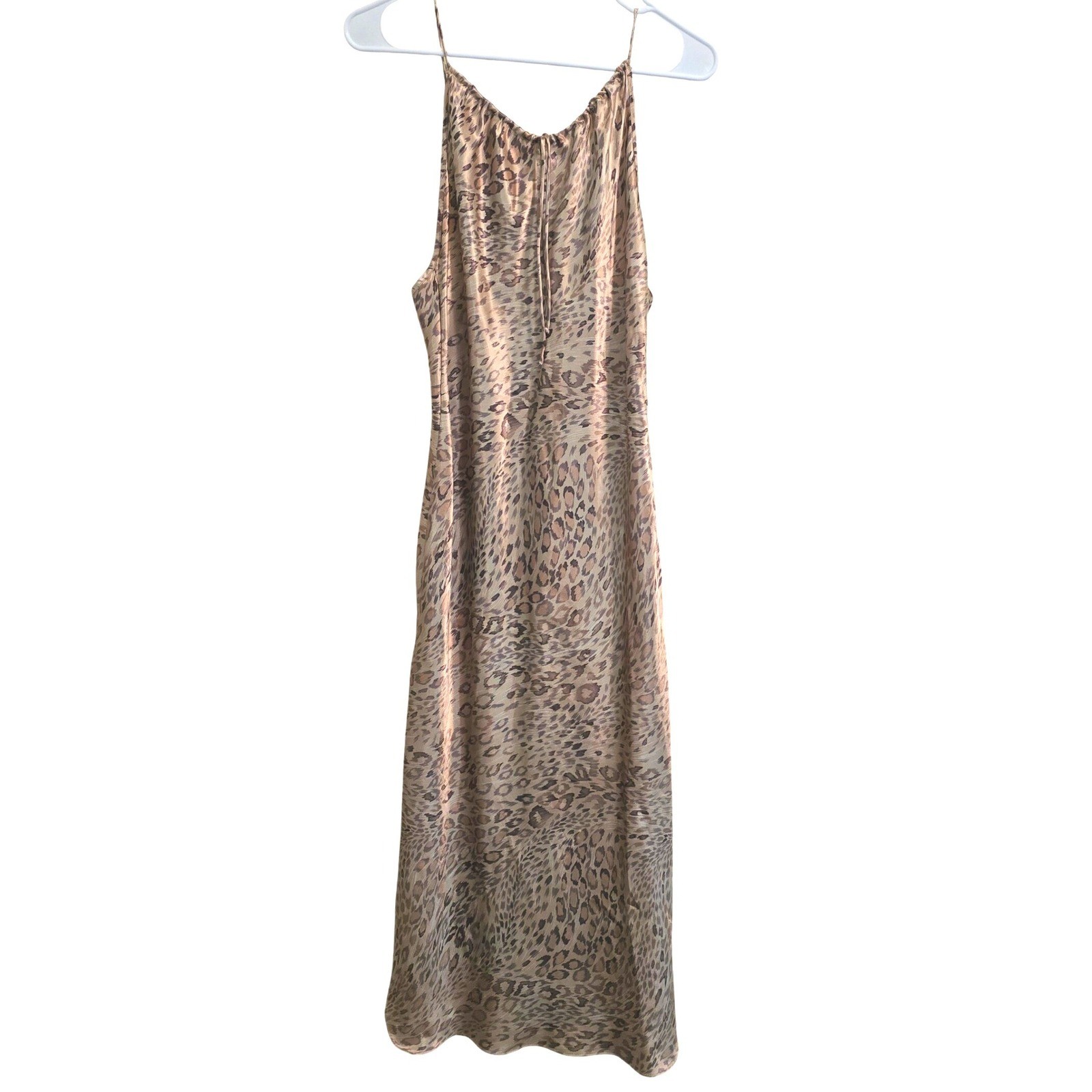 Vintage 90s Delicates Satin Leopard Print Maxi Slip Dress High Neck Side Slits