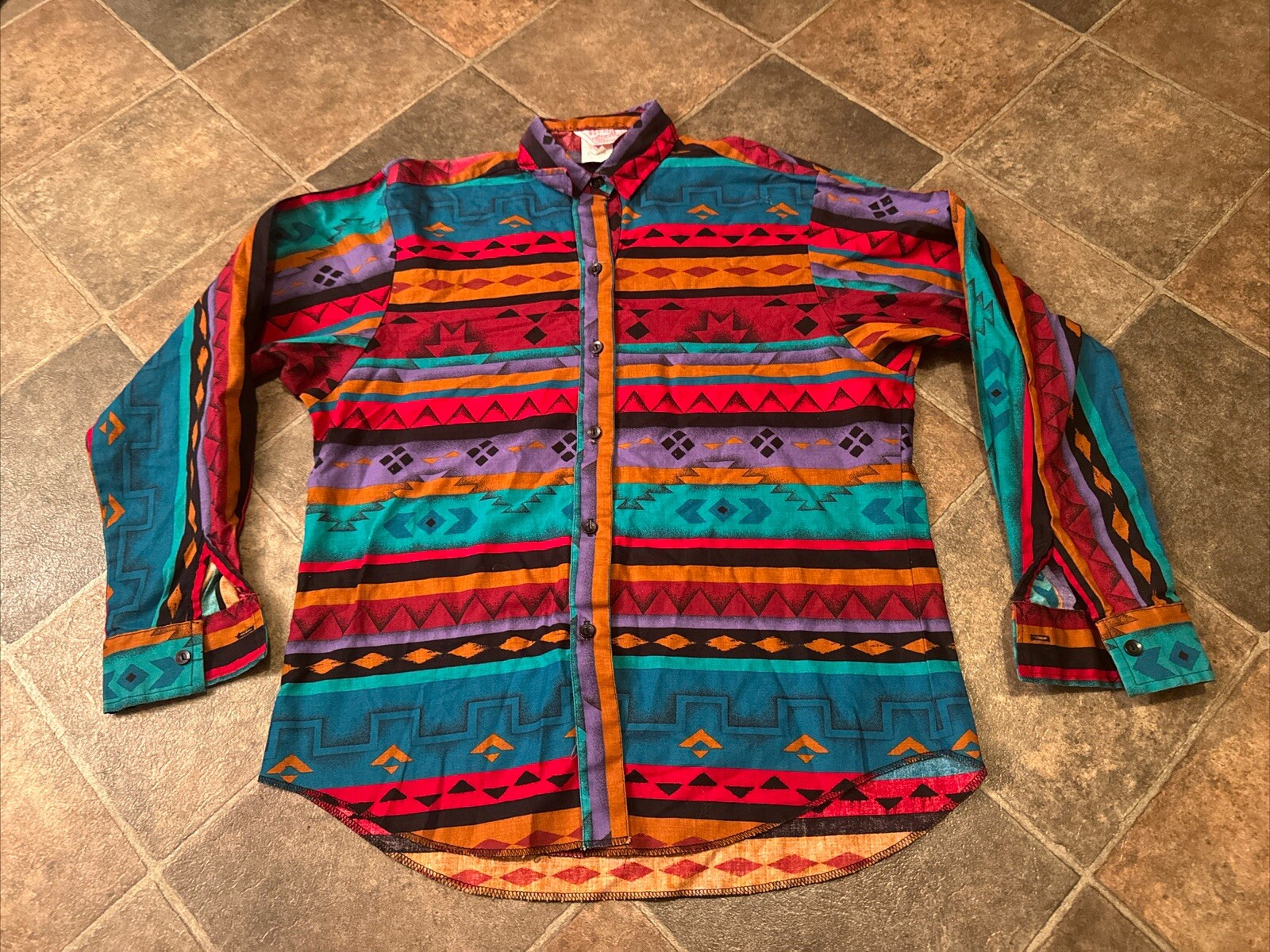 Vintage H Bar C Shirt Womens California Ranchwear Aztec Colorful Sz 12/36 USA