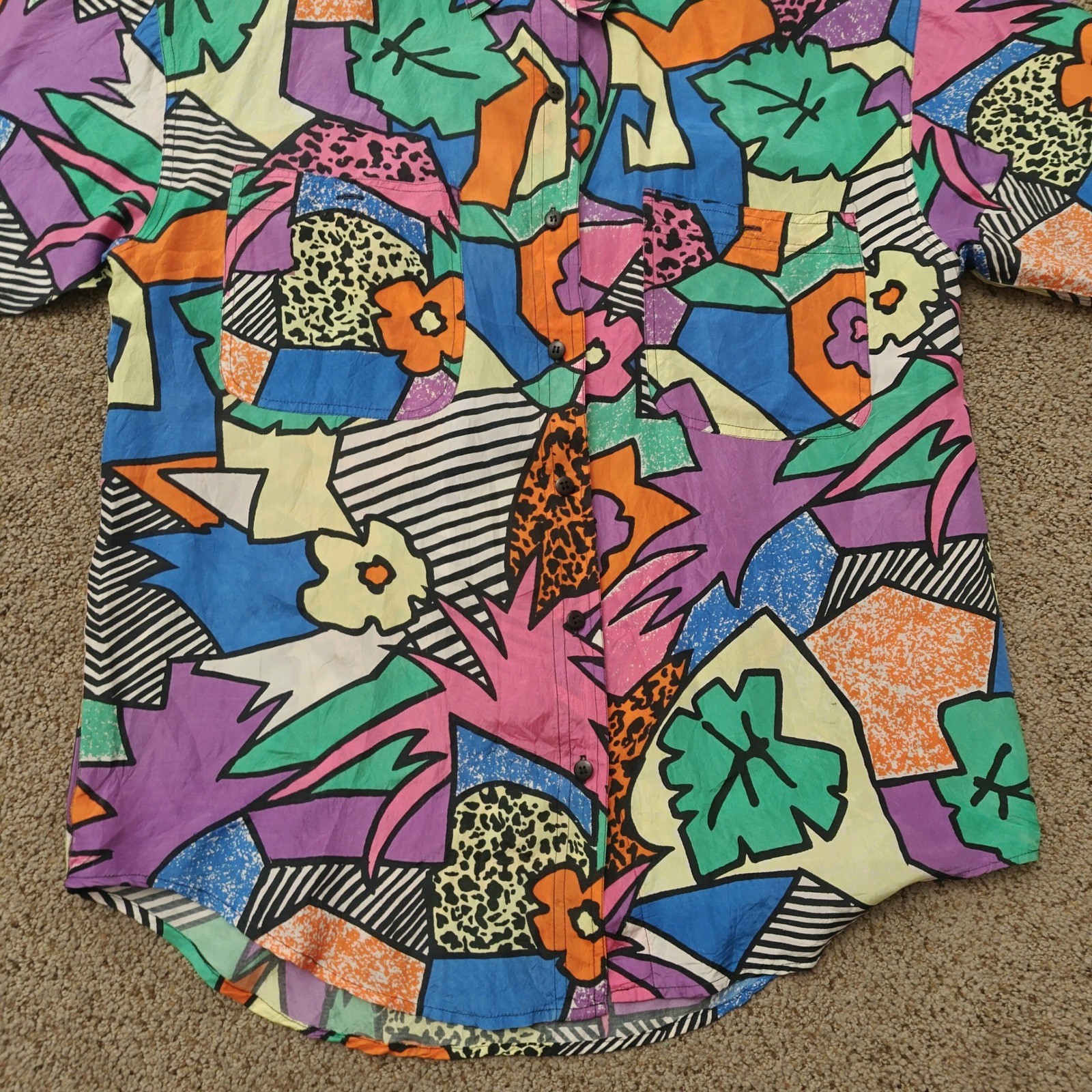 Verona Original Vintage 90s 100% Silk Abstract Geometric Short Sleeve Shirt S