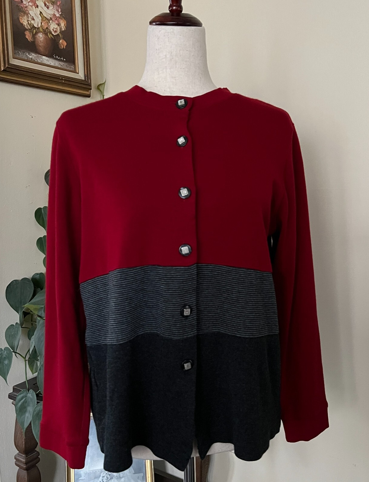 Eccobay Vintage Red Gray Black Cardigan Knit Top sz M