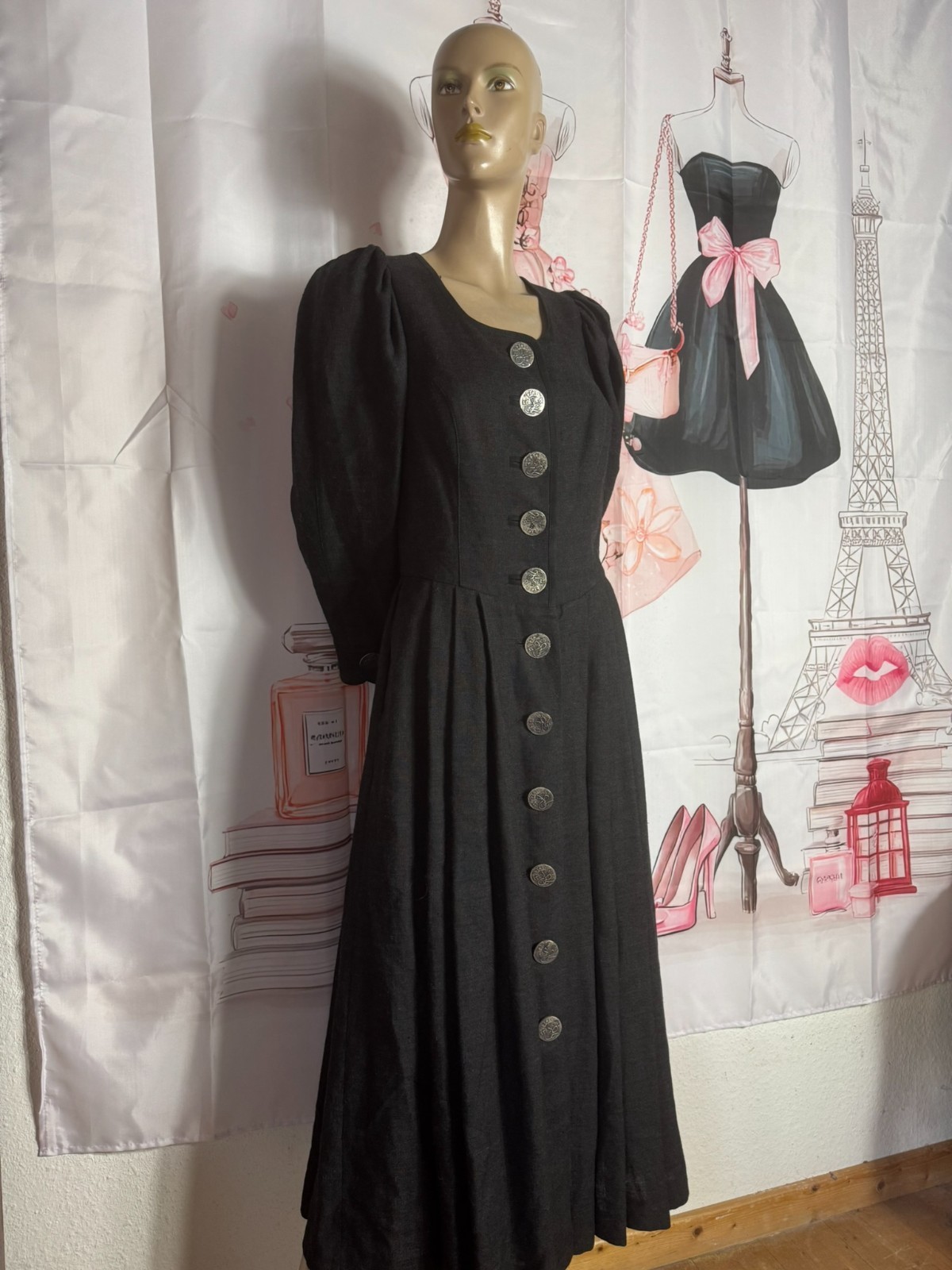 Vintage Wenger Dress Costume Dirndl Military Buttons Linen Wool 36 38