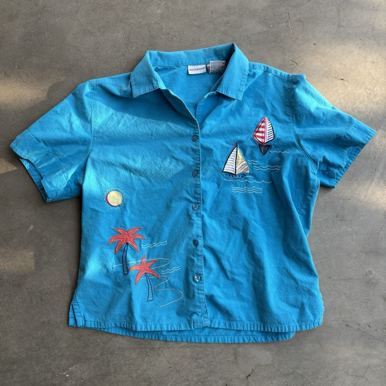 Vintage 100% Cotton L/XL Turquoise Shirt Sailboat Palm Tree Sun Embriodery