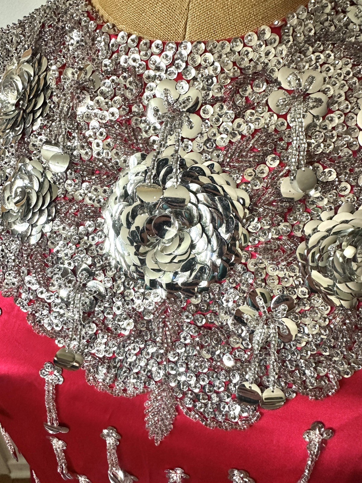 Stunning 1950’s Chinese Red Pencil Dress With Silver Embellishments, XS/S