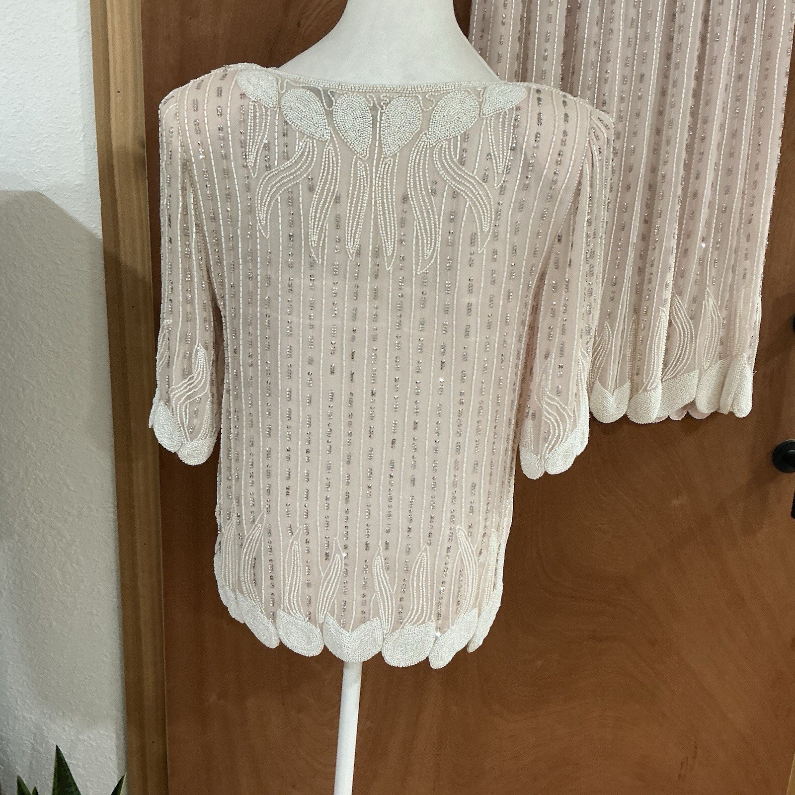 VTG 80’s Beaded Blush Silk Ensemble 1920s Flapper Style Size Med. Hollywood Glam