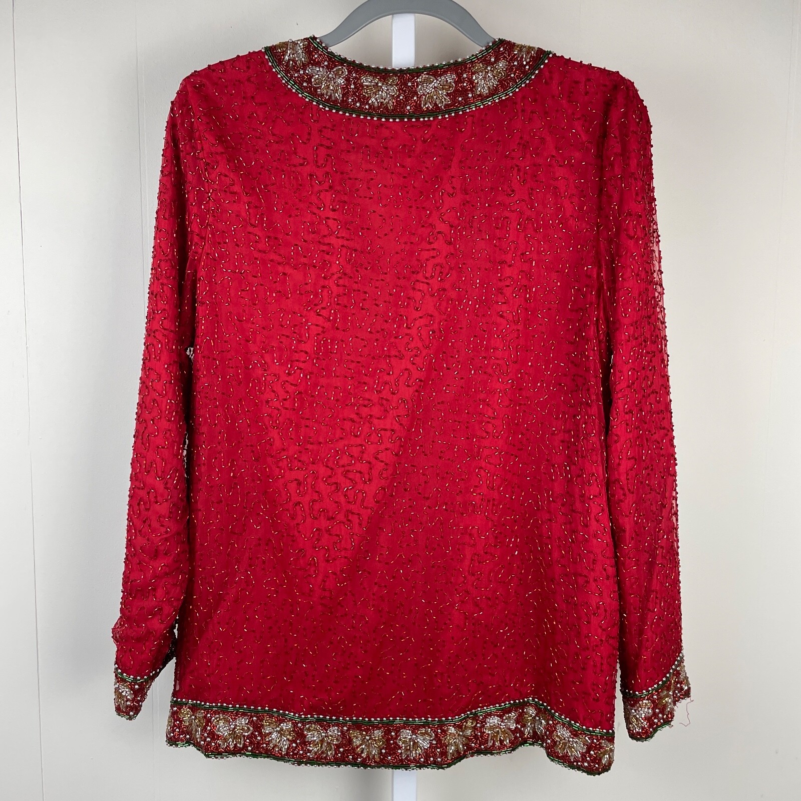 VTG Laurence Kazar Beaded Silk Jacket Womens M Christmas Holiday Bows Glam
