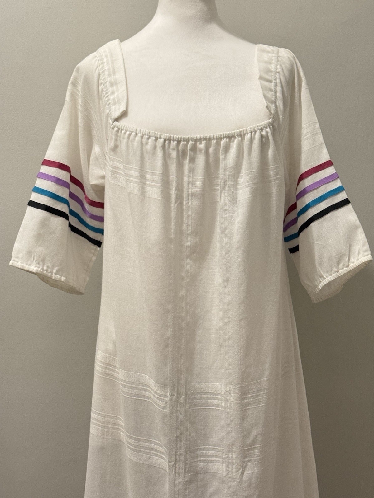Vtg Liberty House Carol Bennett Kaftan Maxi Dress White Colorful Ribbon M READ