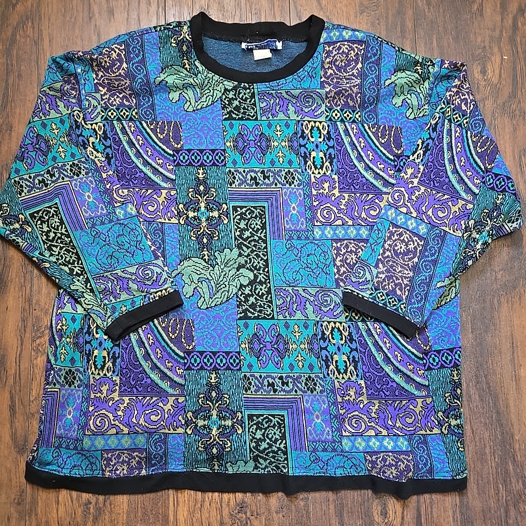 Vintage 1980s Top Notch, Teal Purple Gold geometric Sweater Women’s Size 1 X
