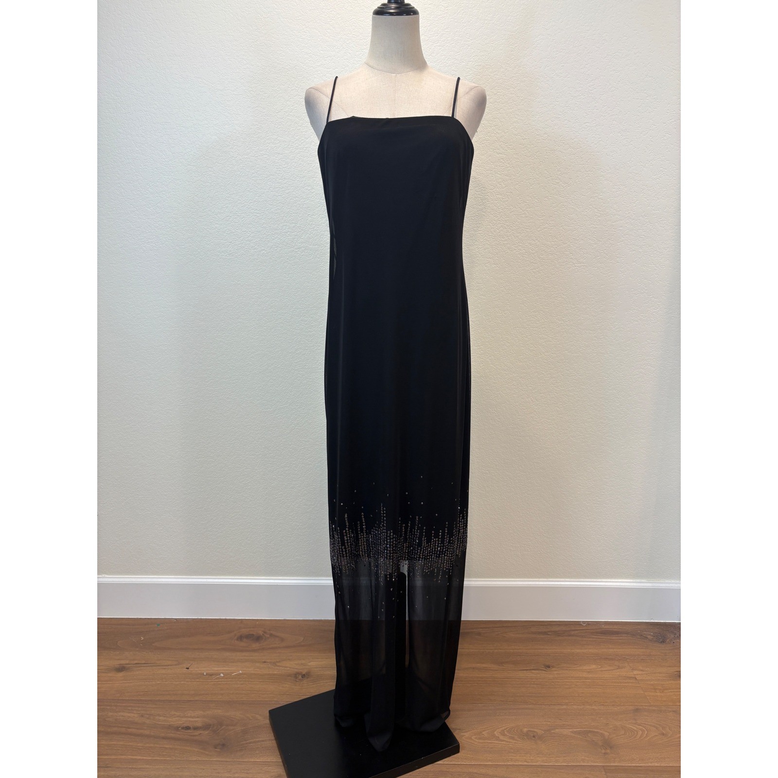 Vtg 90s Arianna by Rachel Kaye Maxi Dress Women 6 Black Sheer glitter Hem Glam