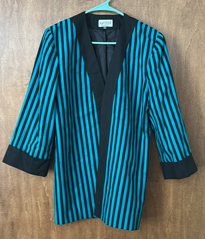 Vintage Kasper for A.S.L. 100%Silk Striped Teal & Black Dress with Matching Coat