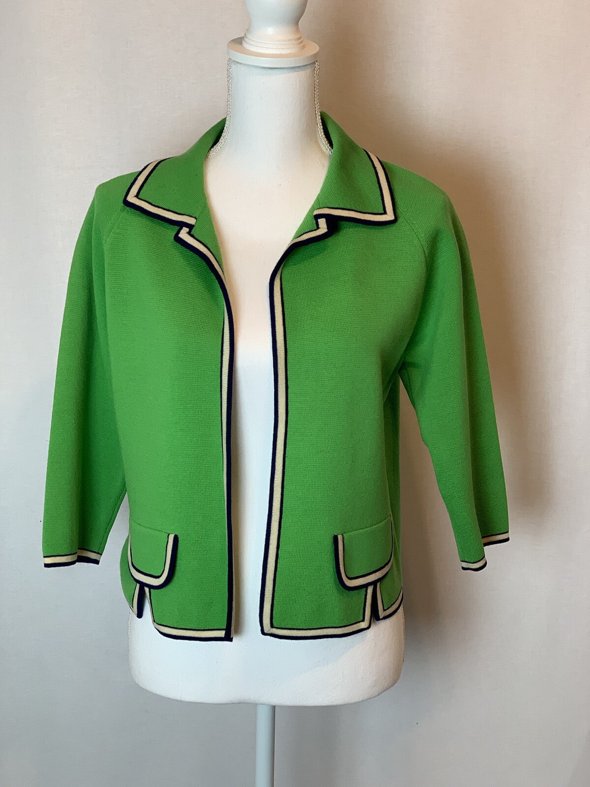 Vintage Catalina Kelly Green Cropped Cardigan With Navy Trim Size 6