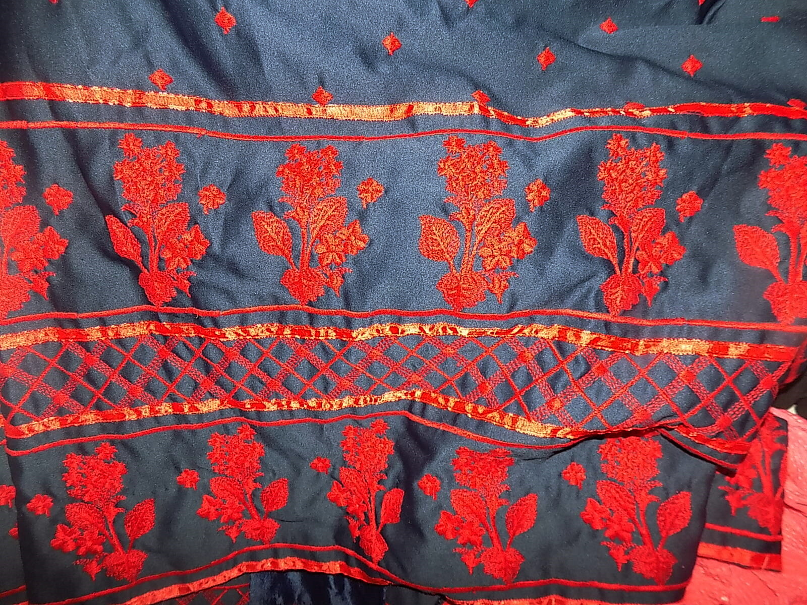 Vintage Long 70s Eleanor Brenner Couture Navy Blue Red Embroidered Dress B38