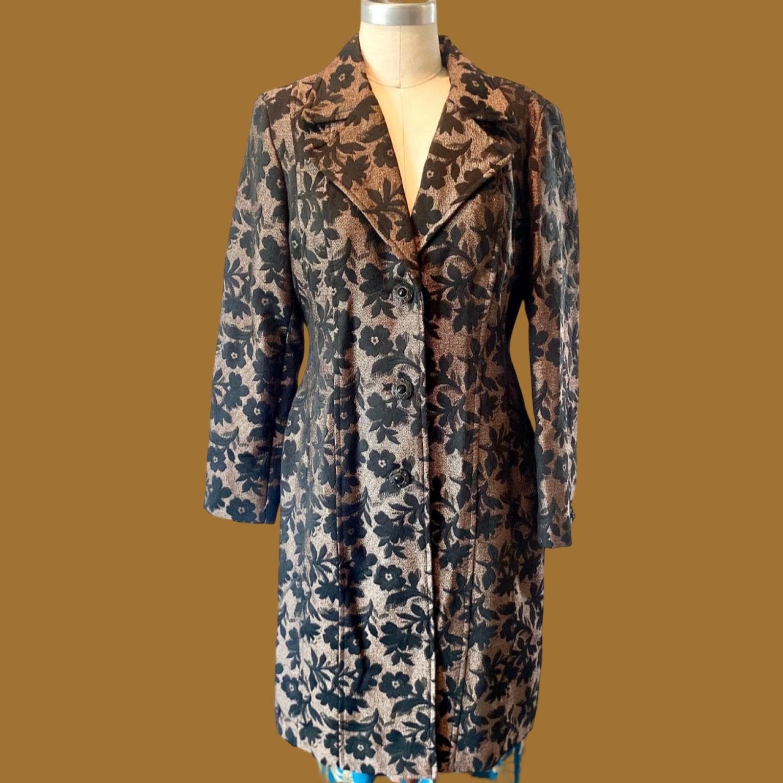 Vintage Brocade Trench Coat, Black Copper Metallic Floral, Size 12