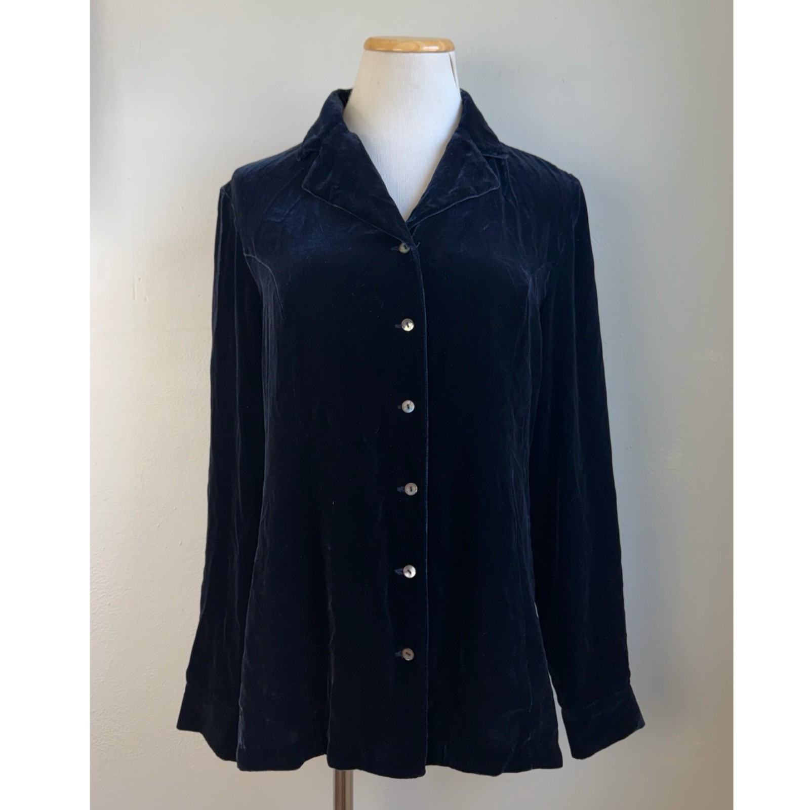 Vintage Midnight Blue Crushed Velvet Blouse Size Medium 10 Petite 90s Shirt Top