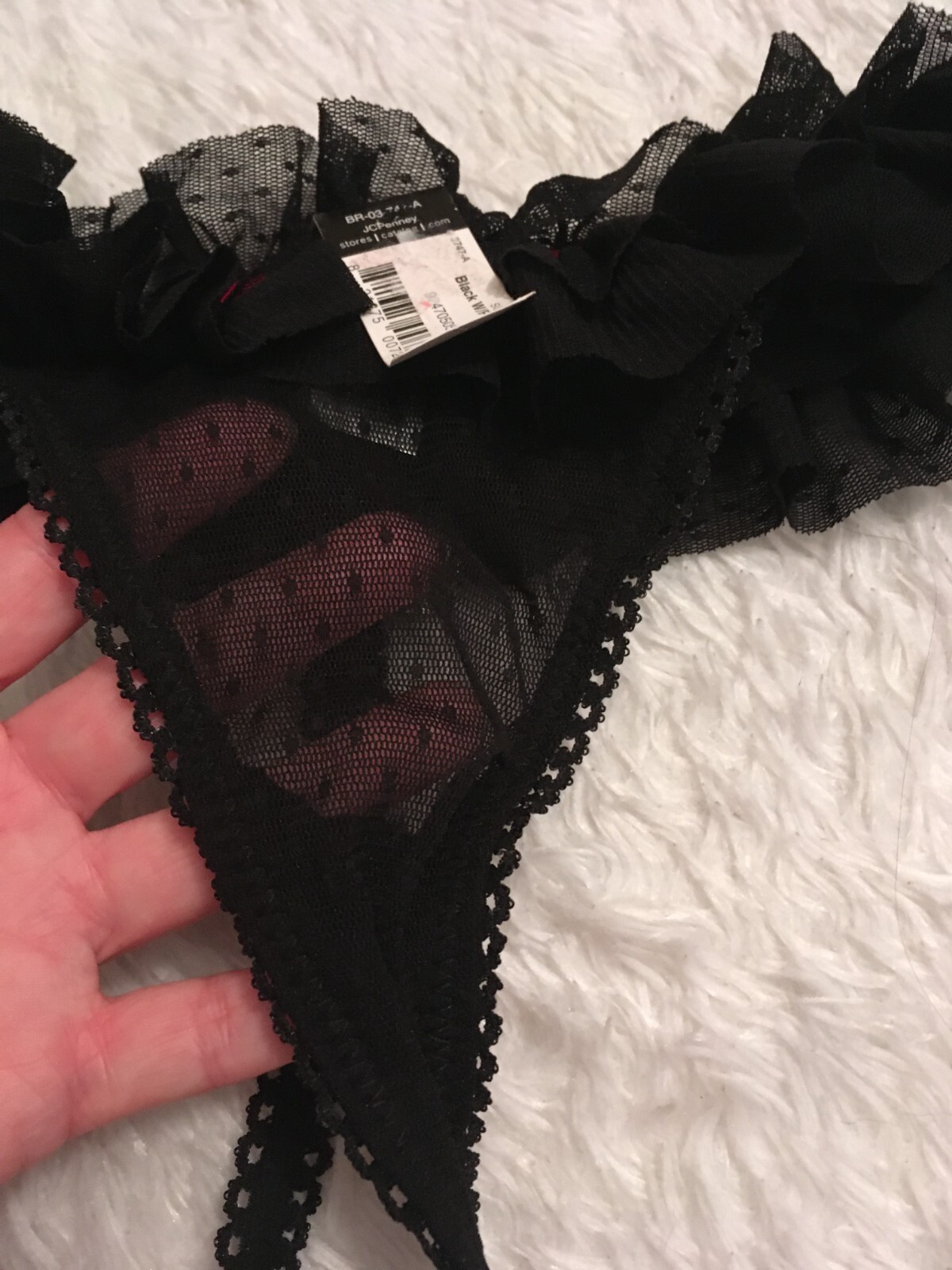 New Vtg L DELICATES Bow RHINESTONE Charm Bling G-String THONG Panty Ruffle Mesh