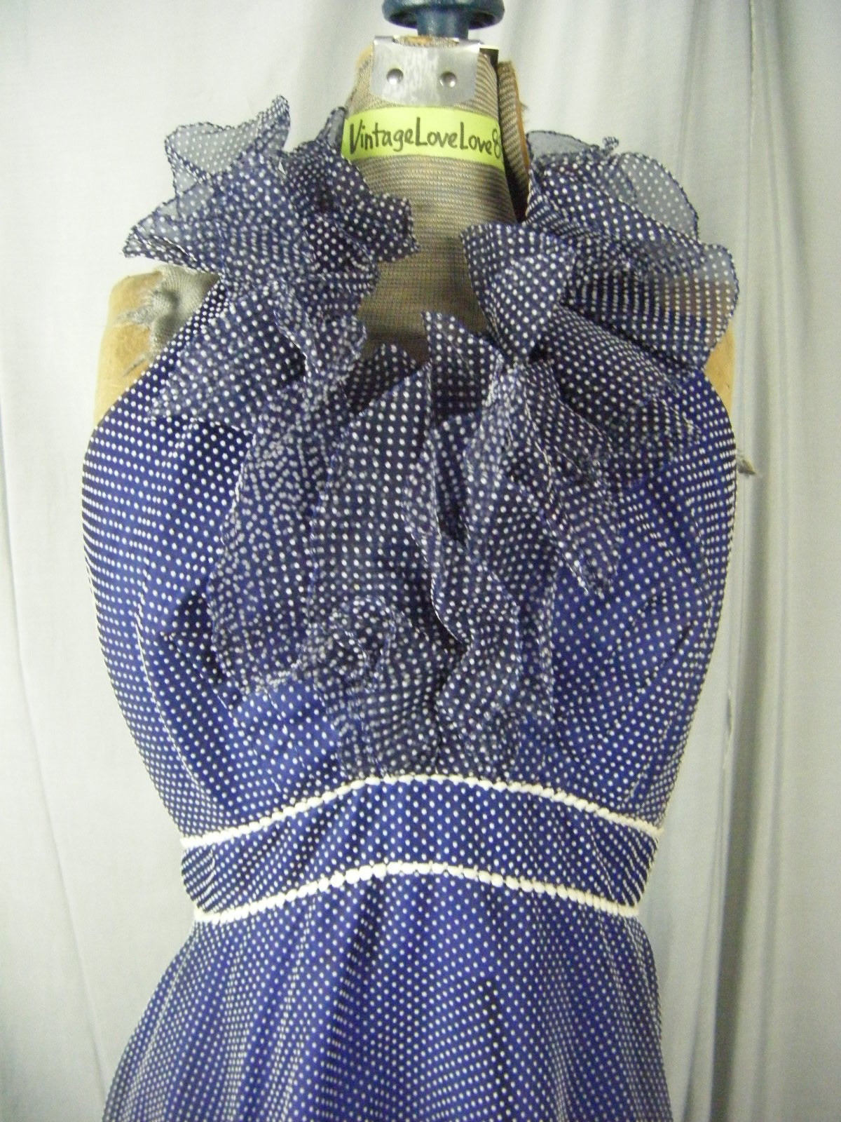 MIKE BENETT FORMALS Vtg 70s Navy Felt Dots Ruffle Halter Dress-Bust 34/XS