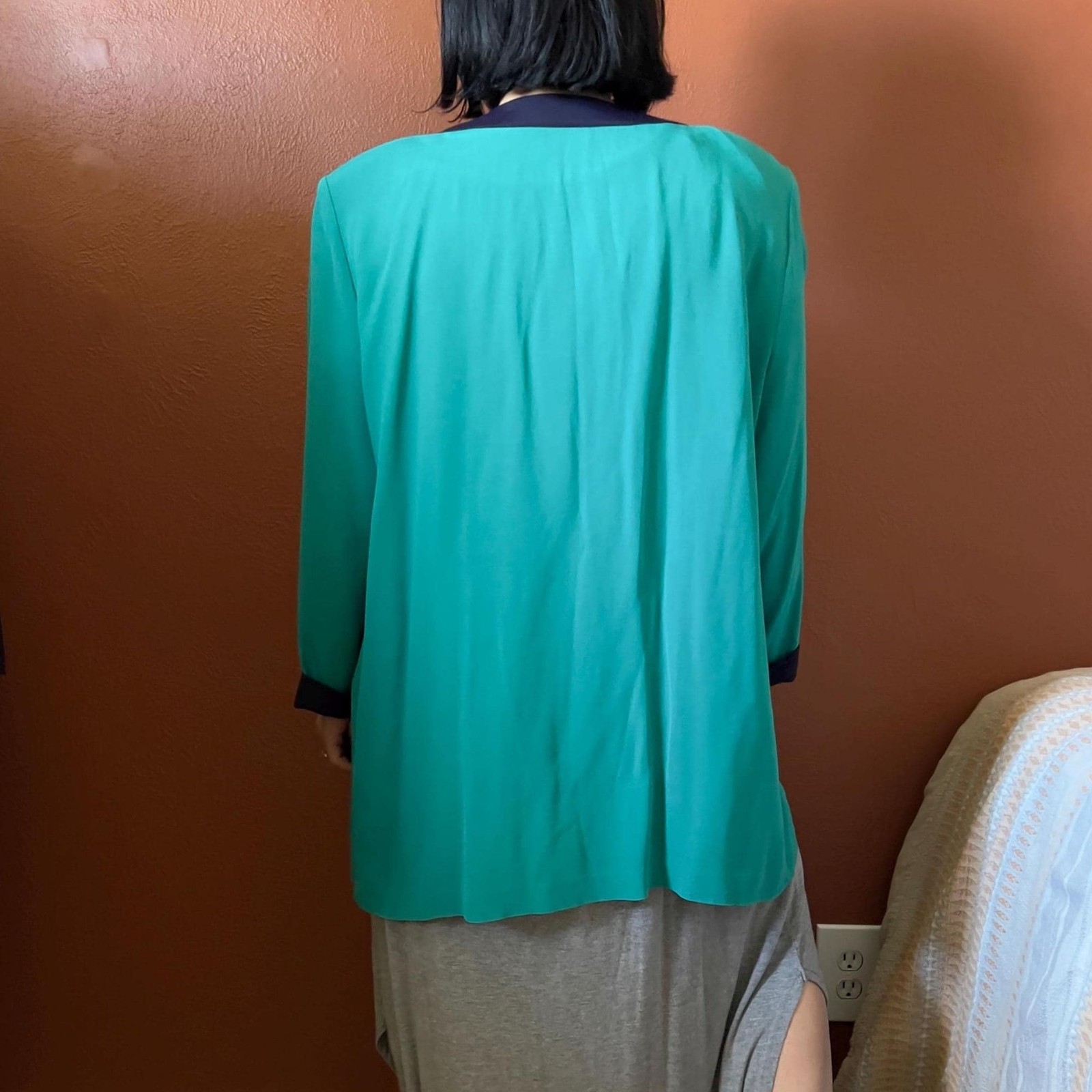 vtg 80s color blocked green open front blazer size 14 made in USA casual