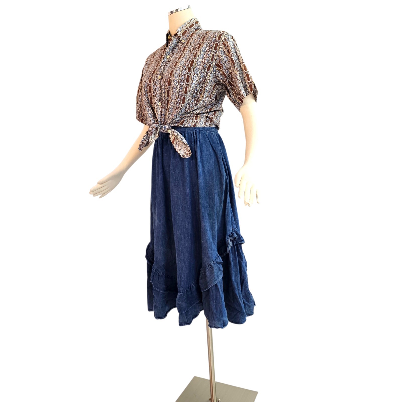 Vintage 1970s Blue Brown Pattern Short Sleeve Button Down Collared Retro Disco