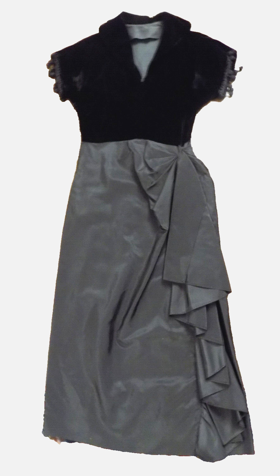 50s True Vtg Taffeta Dress Velvet V neck Tassel trim Cascade Skirt Crinoline XS