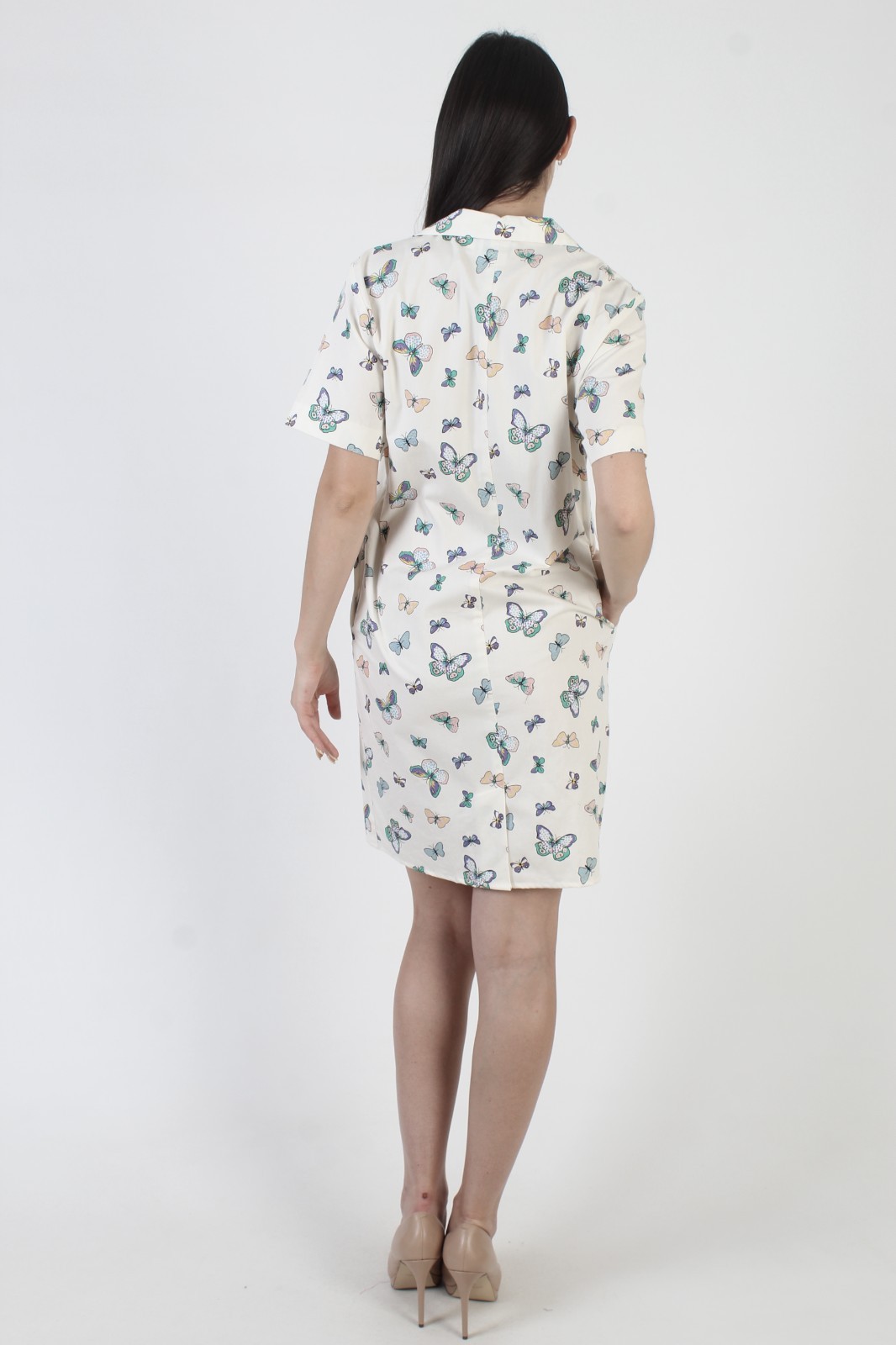 Vtg 70s White Butterfly Print Dress Cotton Shift Dagger Collar Mini House Frock