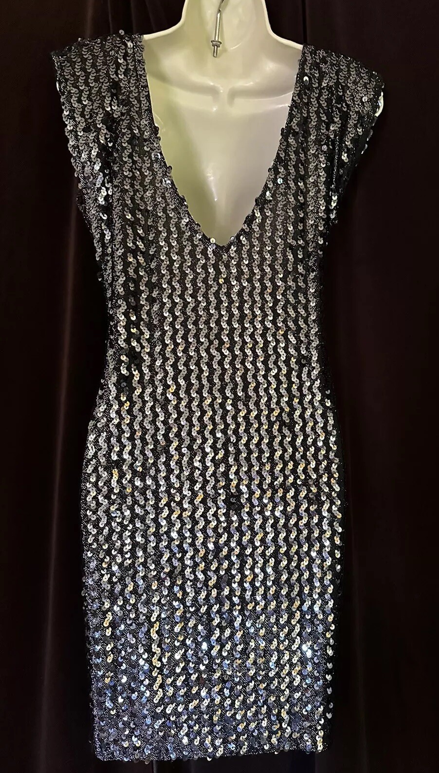 VTG Silver Sequined Disco Mini Party Dress Diamond Run Low Back Cap Sleeve EUC