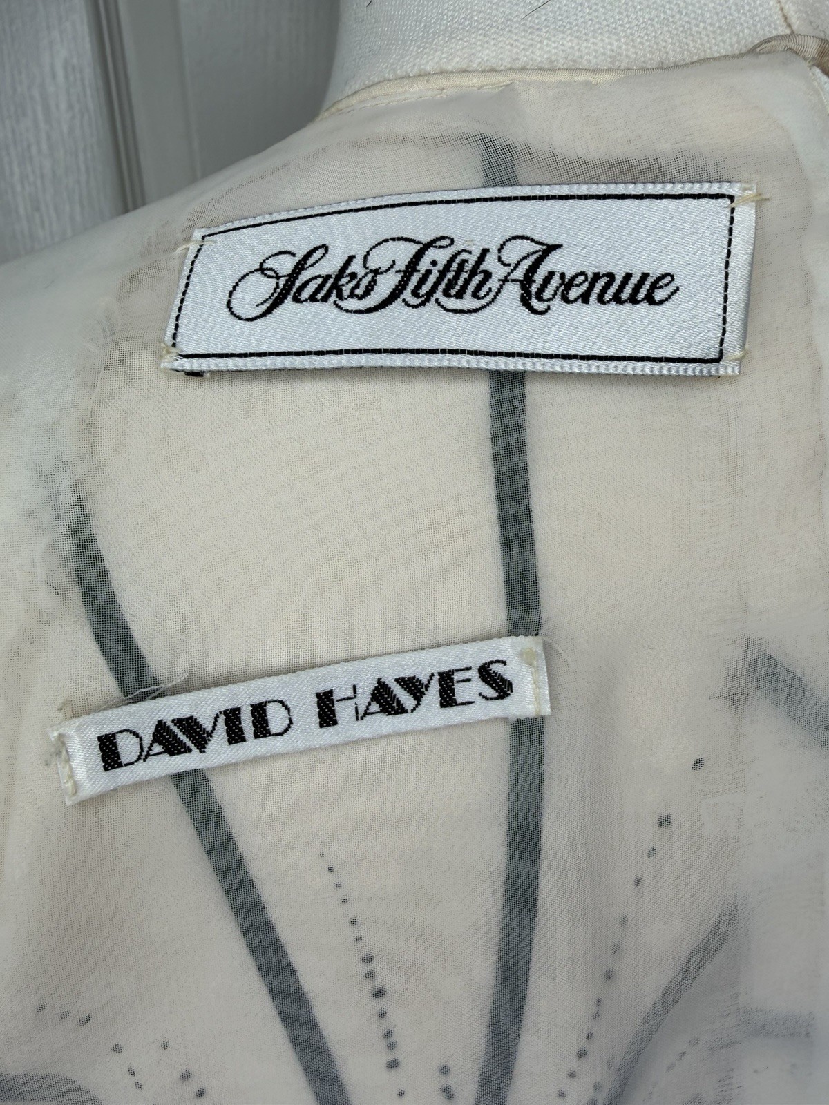 VTG David Hayes Saks Fifth Ave Silk Sheath Dress Ivory Black Size 12 L
