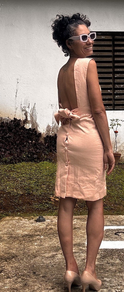 Vintage Handmade 1960s Open Back Salmon, Woven Cotton Canvas, Dress sz Small