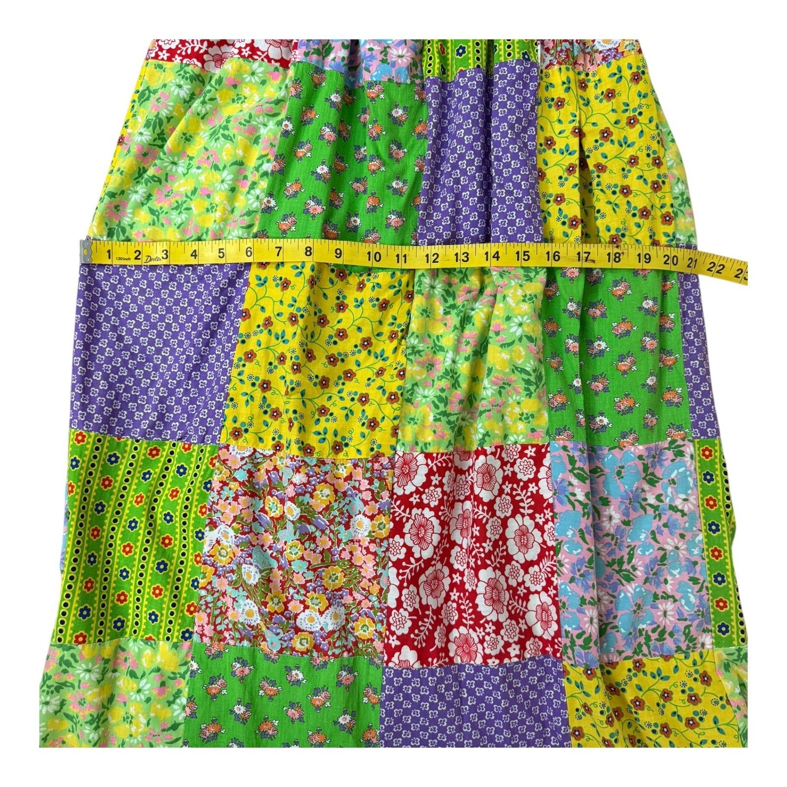Vtg Mountain Artisans Patchwork Maxi Hippie Dress Floral Boho Green Pink Size 8