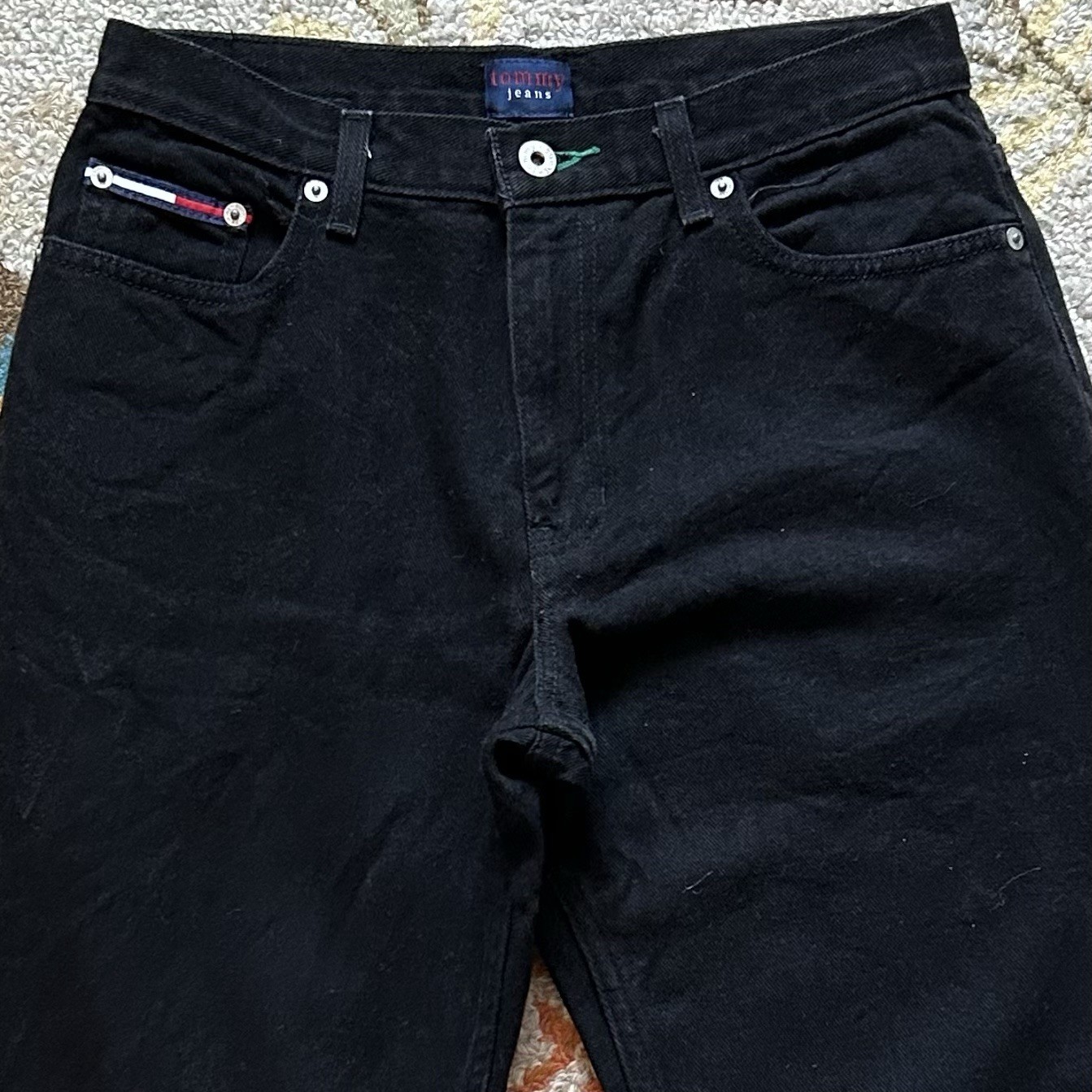 Vintage 90s Tommy Hilfiger Black Denim Straight Leg Flag Logo Mom Jeans Size 9