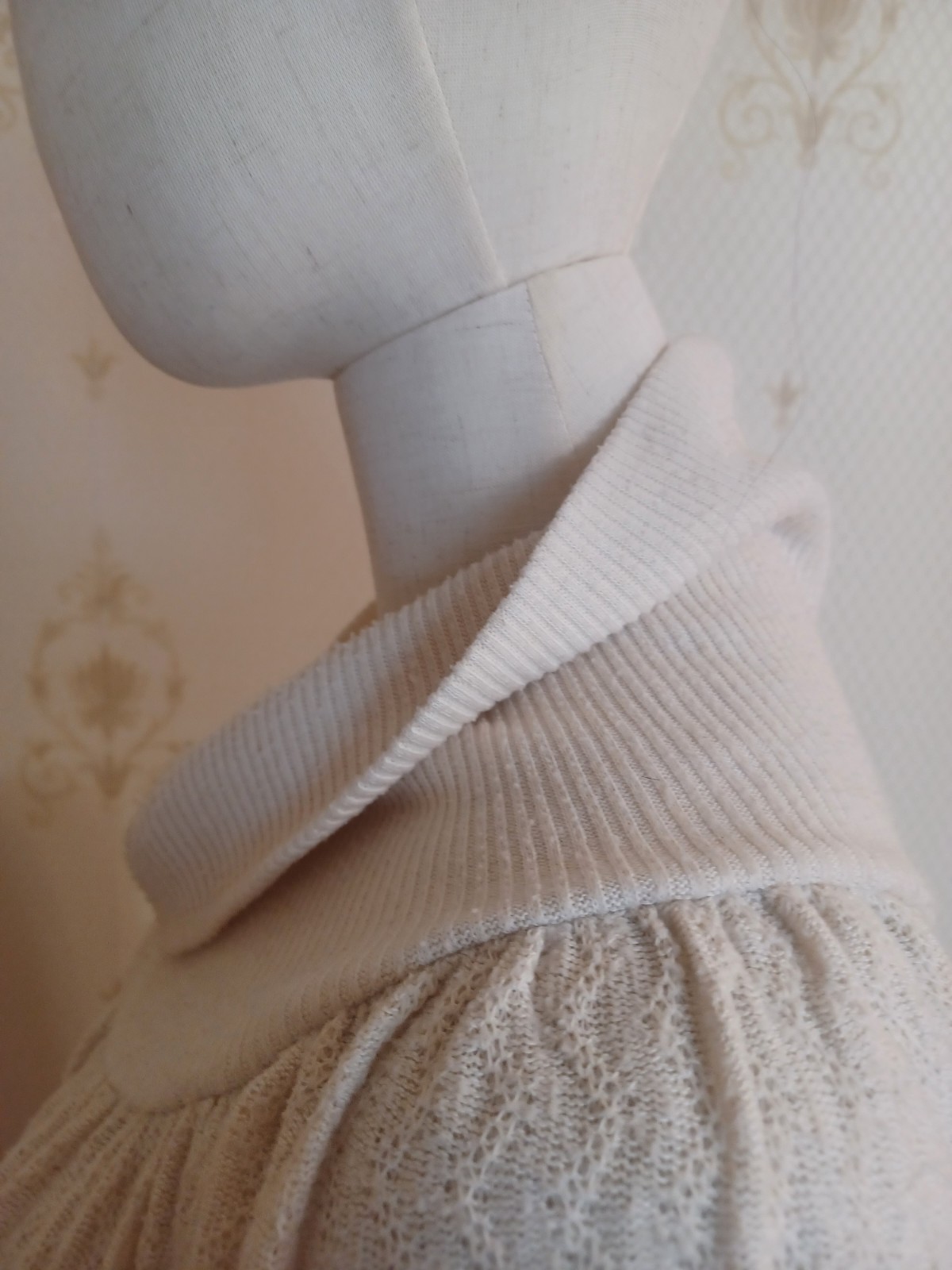 Vintage 1970s R. Michael Allen Ivory Boho Prairie Cowl Neck Knit Hostess Dress