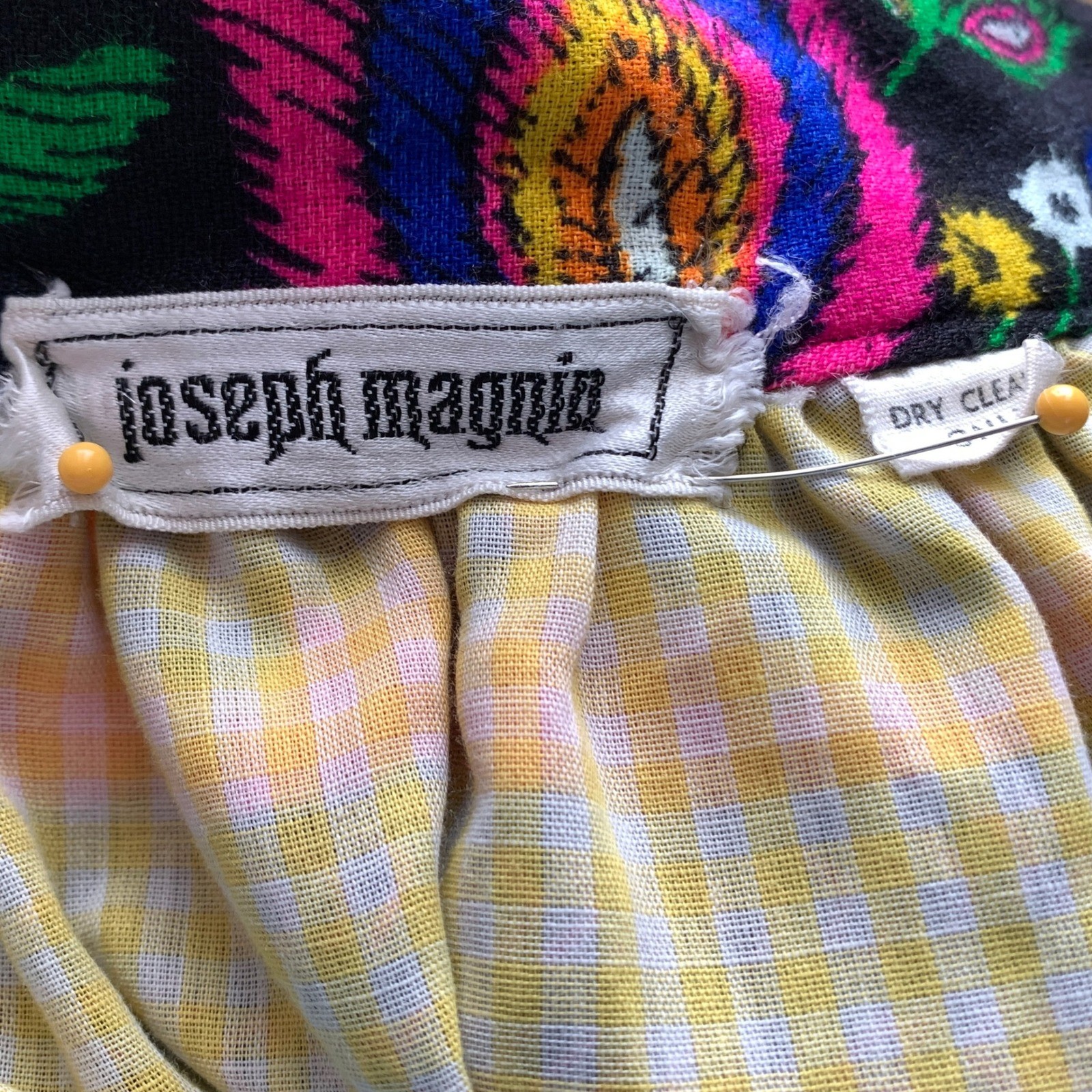 Vintage Joseph Magnin Floral Wrap Skirt Black Neon Pink Gingham Lined Boho 9