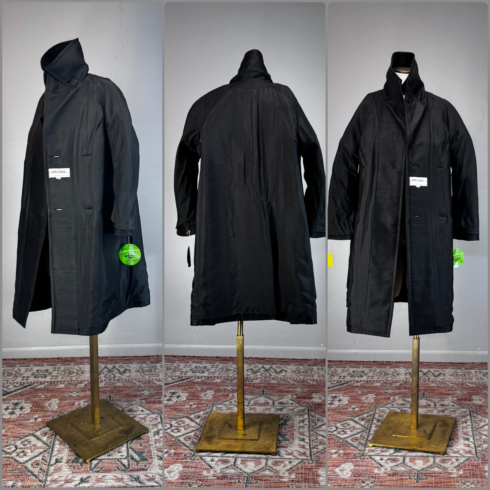 Vtg Coat 60s MOD Trench Wool Silk 3D Square Rhinestone Buttons Lasserre NOS NWT