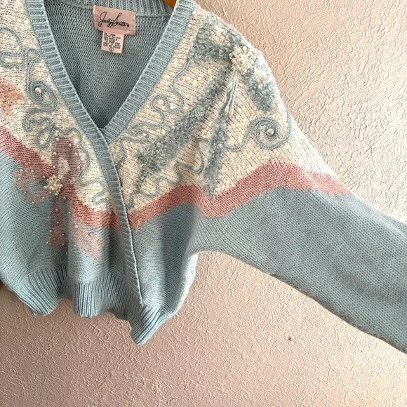 Jaclyn Smith Vintage Sweater Chunky Beaded 80s Pastel LARGE Coquette bows