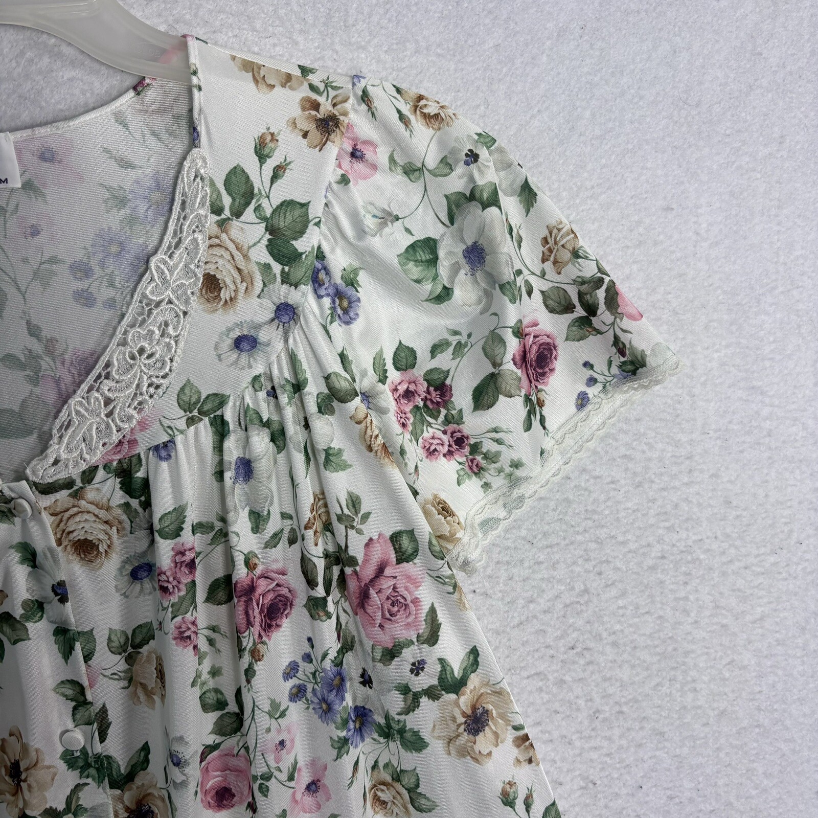 VTG Cottagecore Floral Maxi Nightgown Sz M Satin Lace Details S/S Pocket Button