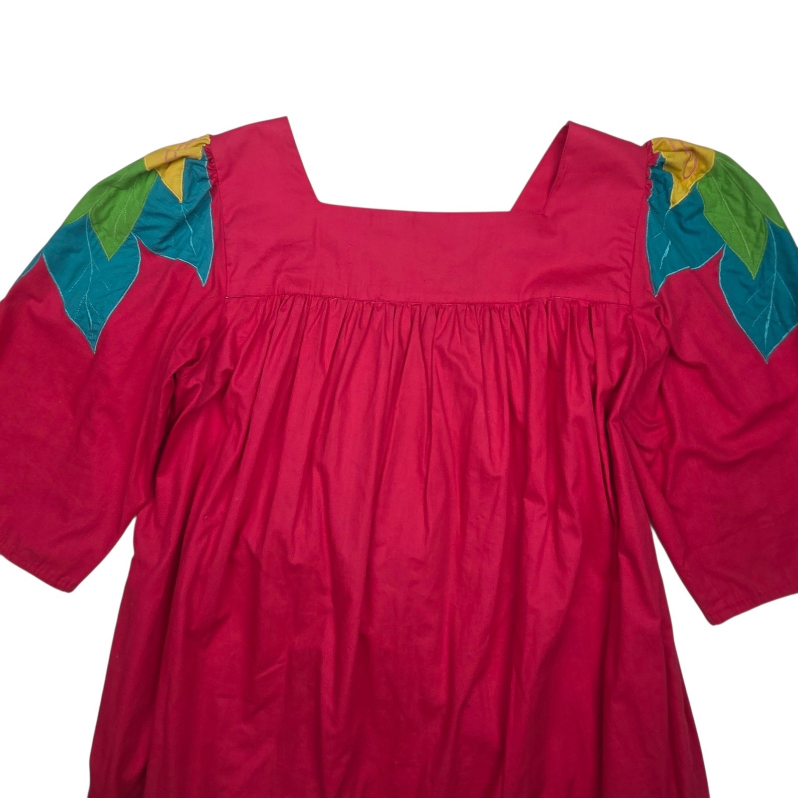 Vintage Go Softly Patio Dress Muumuu M Pink Applique Tropical Bird Floral Boho