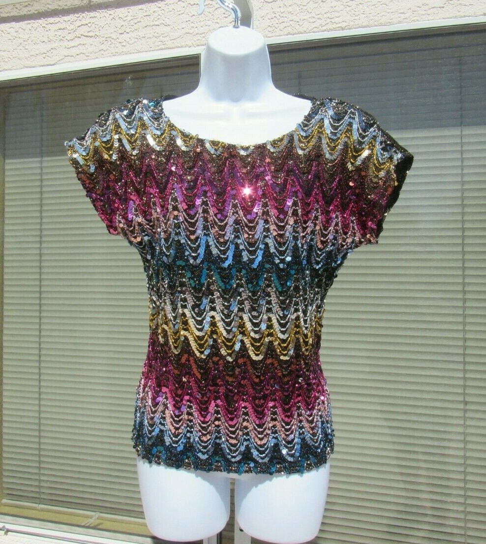 VTG 70s 80s JOSEPH II SEQUIN METALLIC THREAD GLITTER TOP MULTI COLOR DRAPED LOOK